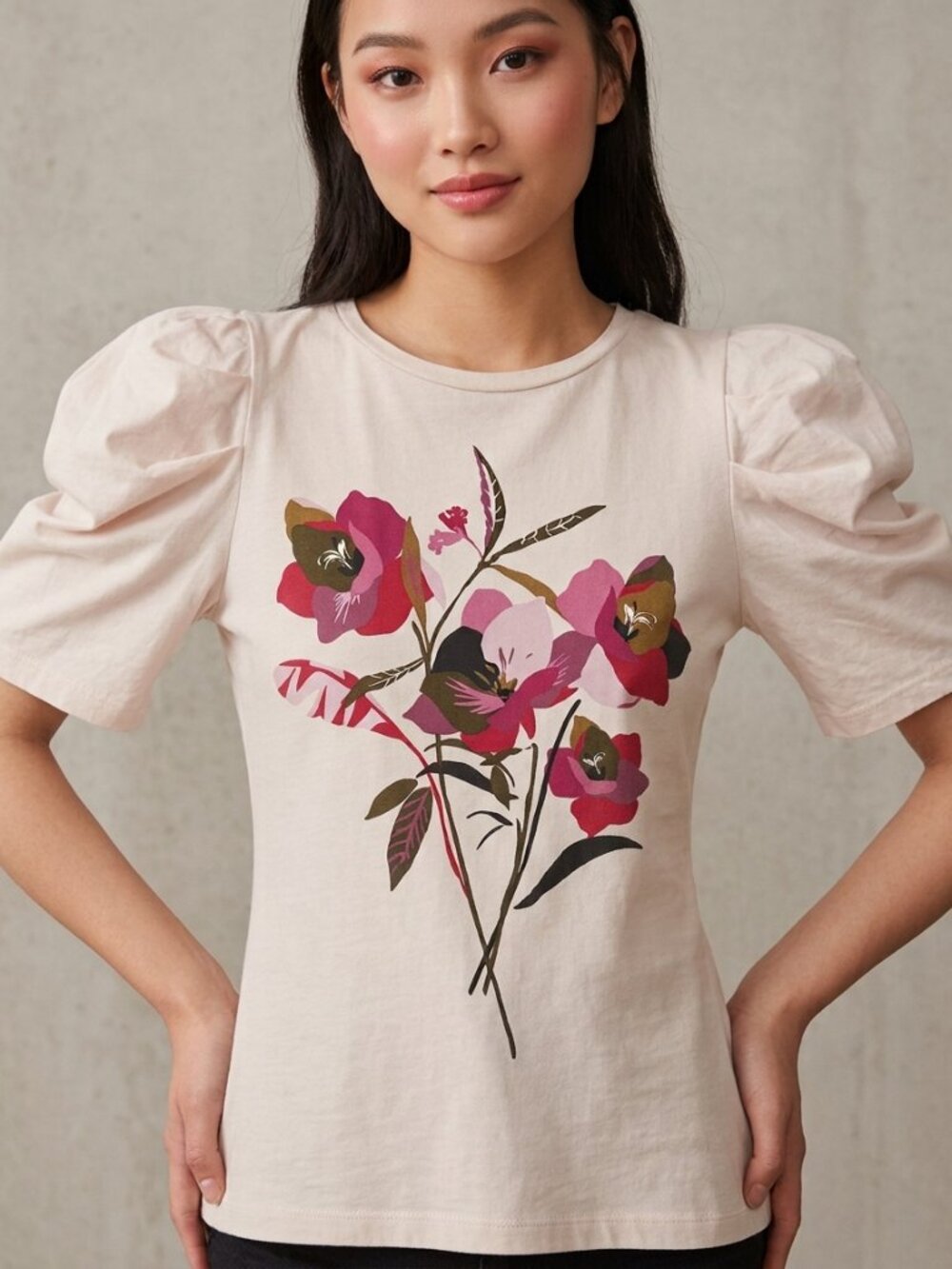 Zara Pale Pink Floral Puff Sleeve Graphic T-Shirt Size Small